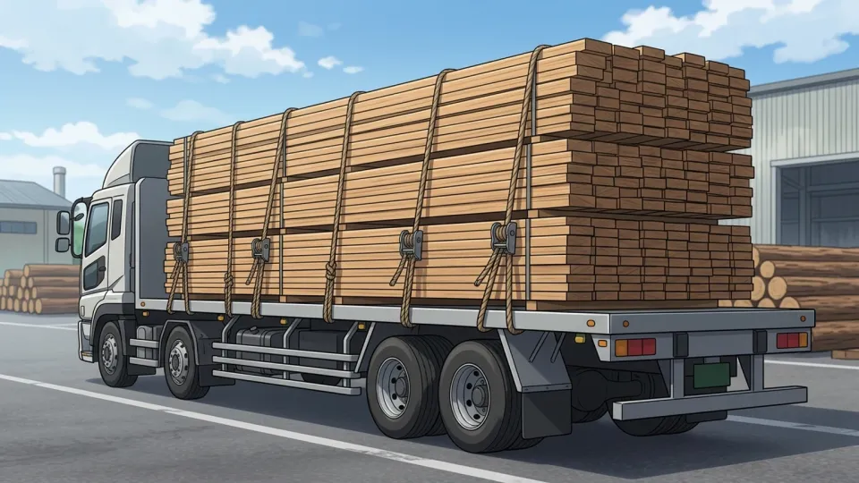 大量の木材を積んだ大型トラックの荷台