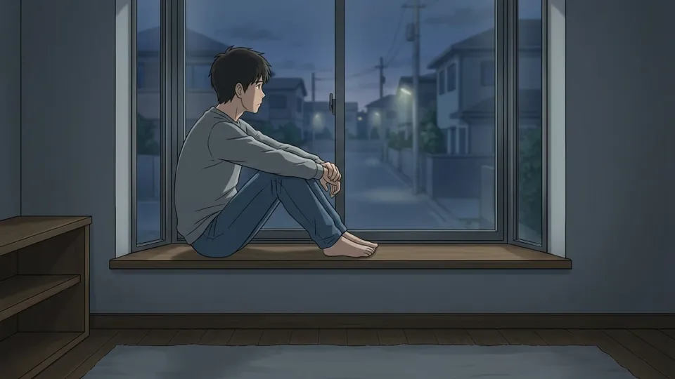 がらんとした部屋の窓辺に一人で座り、寂しそうな表情を浮かべる男性。