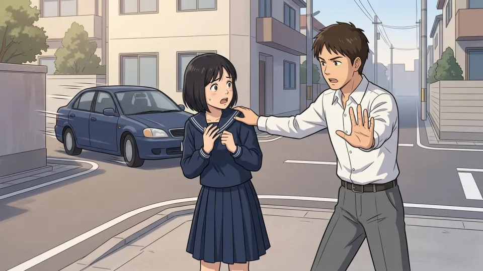 角から車が飛び出してくるのを見て、歩行者に注意を促す人物。