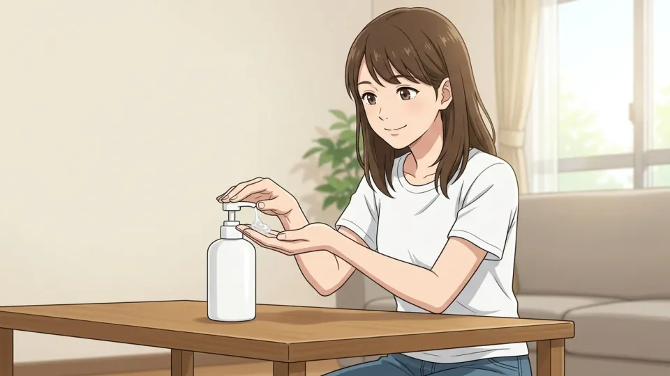 女性が腕にローションを塗っているイラスト