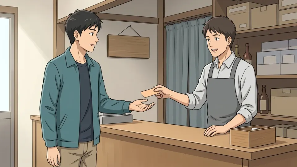 店員から宝くじを受け取る男性のイラスト