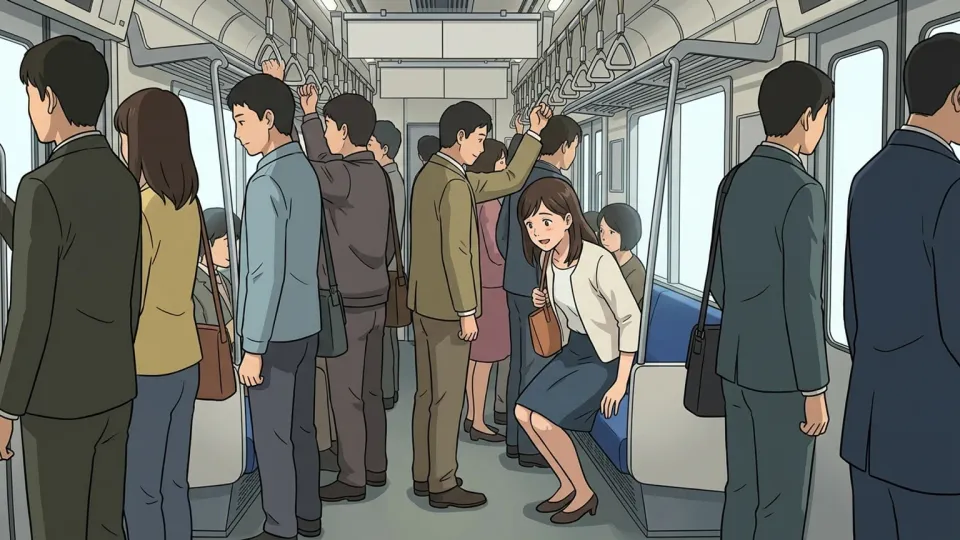 電車で座席を見つけた女性