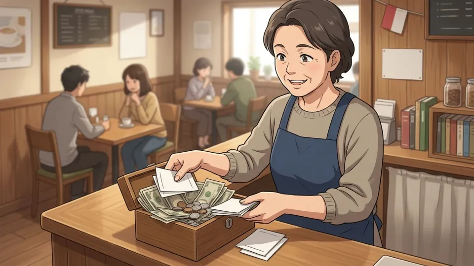 繁盛して大金を稼いでいる小さなカフェのオーナー