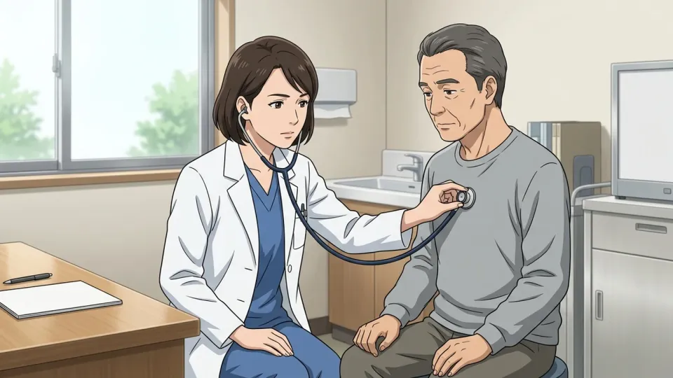 医師が聴診器で患者の肺の音を診察している。