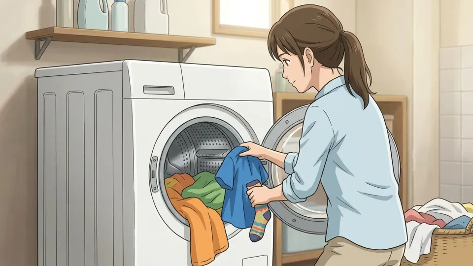 洗濯機を使って服を洗う女性
