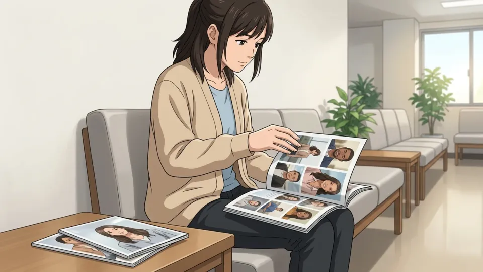 待合室で雑誌を読む女性