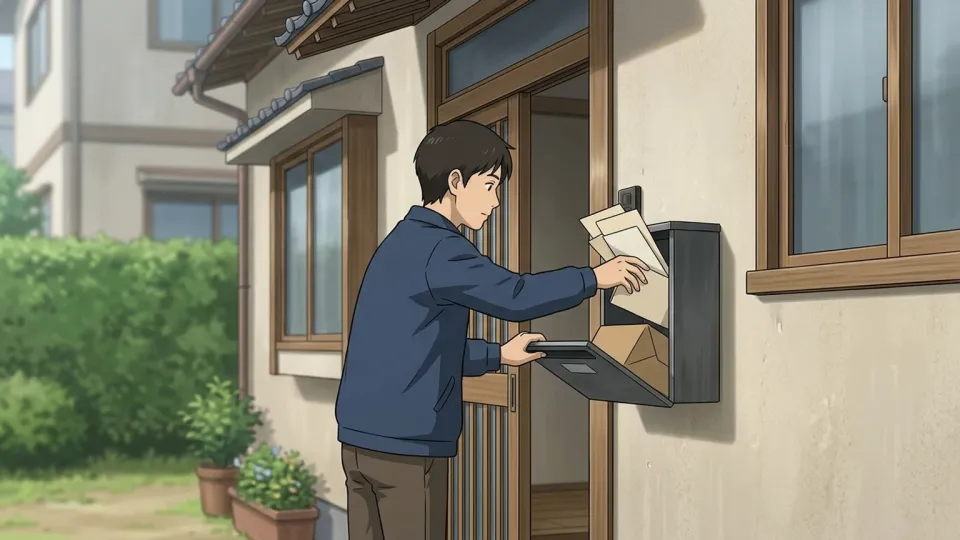 玄関で郵便物を確認する人