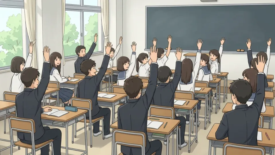 新しい計画に賛成して手を挙げる学生たちの集団