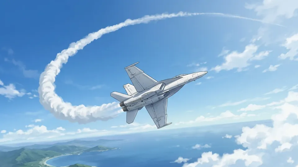 青空の中を急旋回して機動飛行を行うジェット戦闘機。