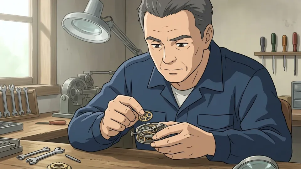 職人が機械部品を操作している場面のイラスト