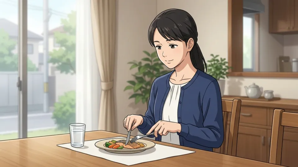 食卓で正しい作法を守って食事をする女性