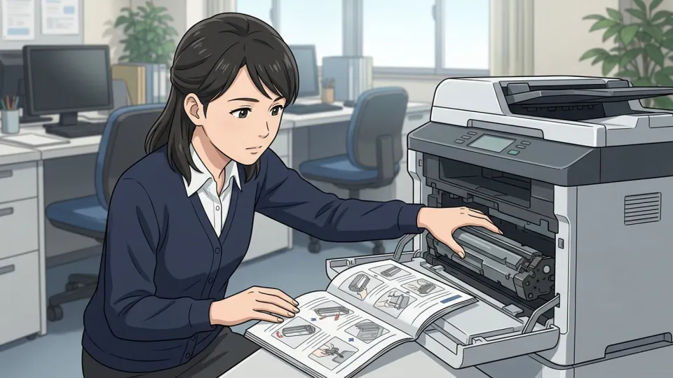 担当者が取扱説明書を参照してプリンターのカートリッジを交換しようとしている様子