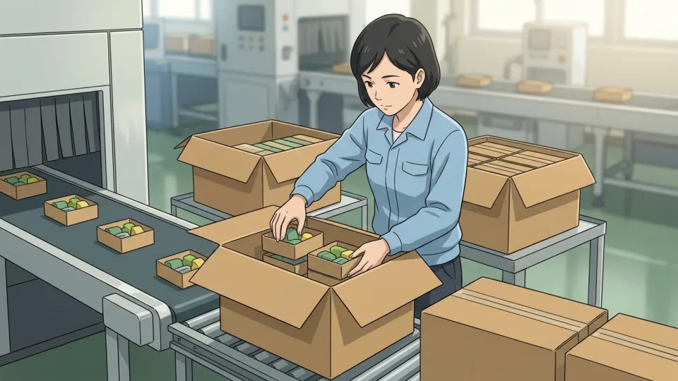 工場で製品を梱包する作業員
