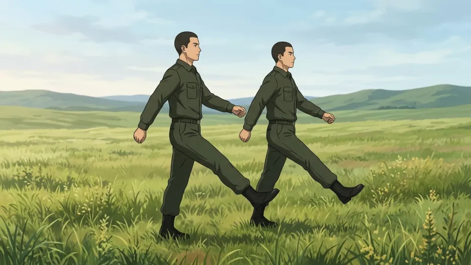 野原を行進する兵士たち
