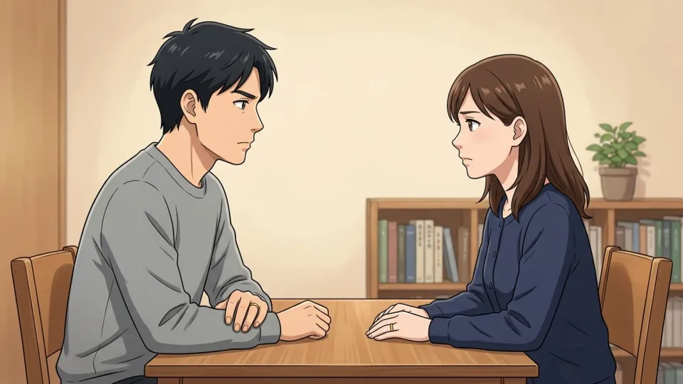 カウンセリングルームで向かい合い、真剣に話し合う夫婦。