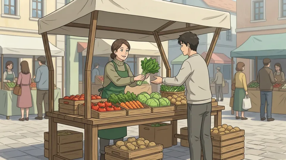 新鮮な野菜が並ぶ活気ある市場で商売をする人々