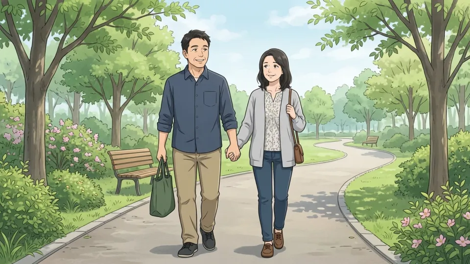 幸せそうな夫婦が公園を散歩している