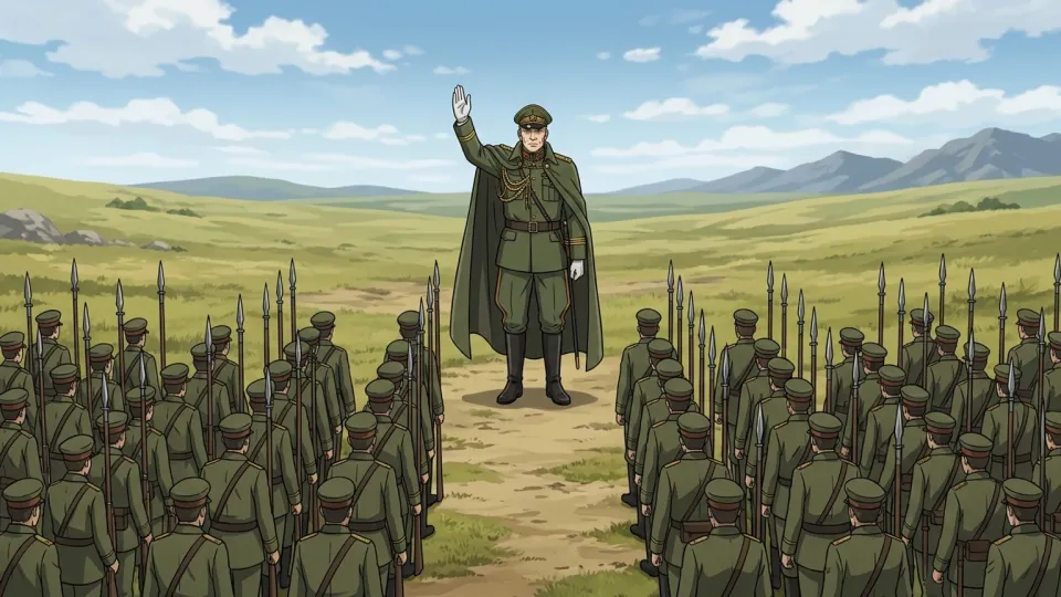 将軍が戦闘の前に兵士たちを整列させている様子