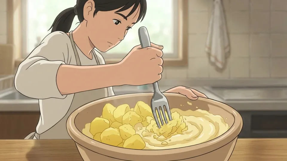 フォークでジャガイモをすりつぶす女性
