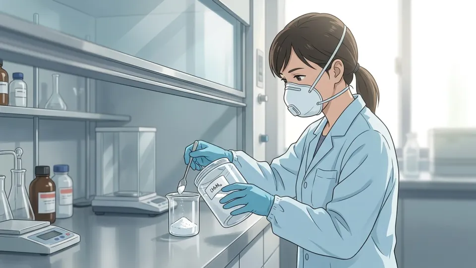 防護マスクを着けて粉末薬品を扱う技術者