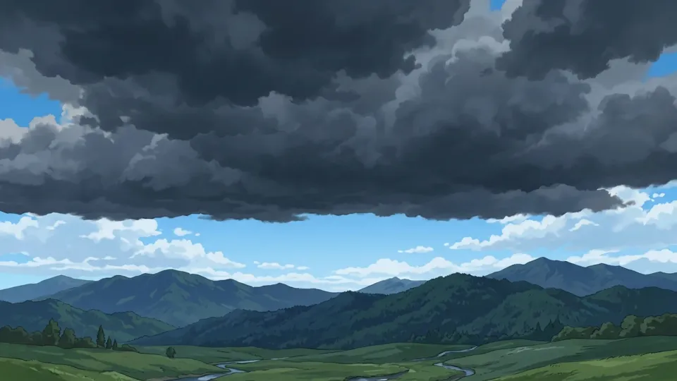 山の上に浮かぶ暗い雲の塊