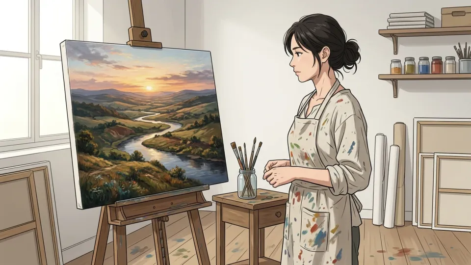 画家がアトリエで完成した見事な油彩画を眺めている様子