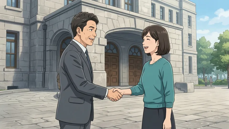 市庁舎の前で市民と握手をする市長。