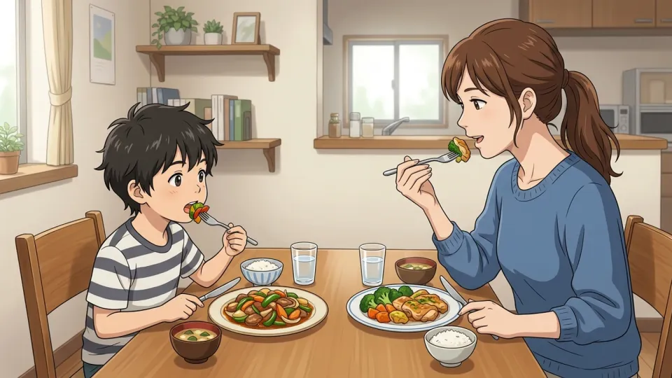 家族が食卓で食事を楽しむ様子
