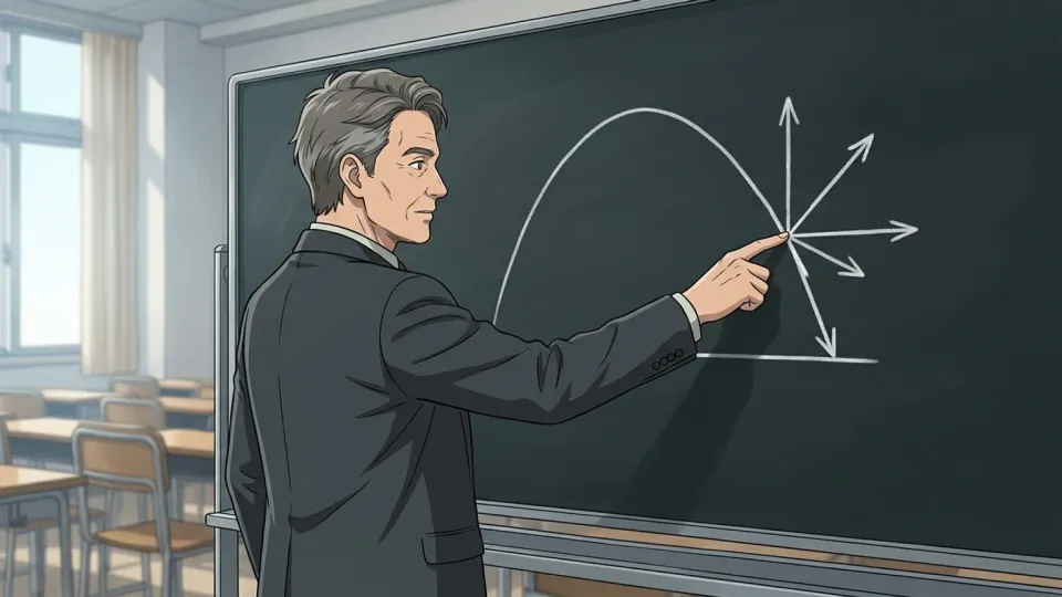教授が黒板の力学の法則を説明している様子