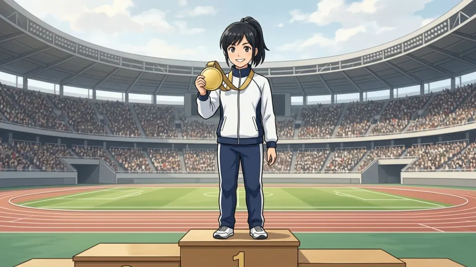 レース後に金メダルを掲げるアスリート