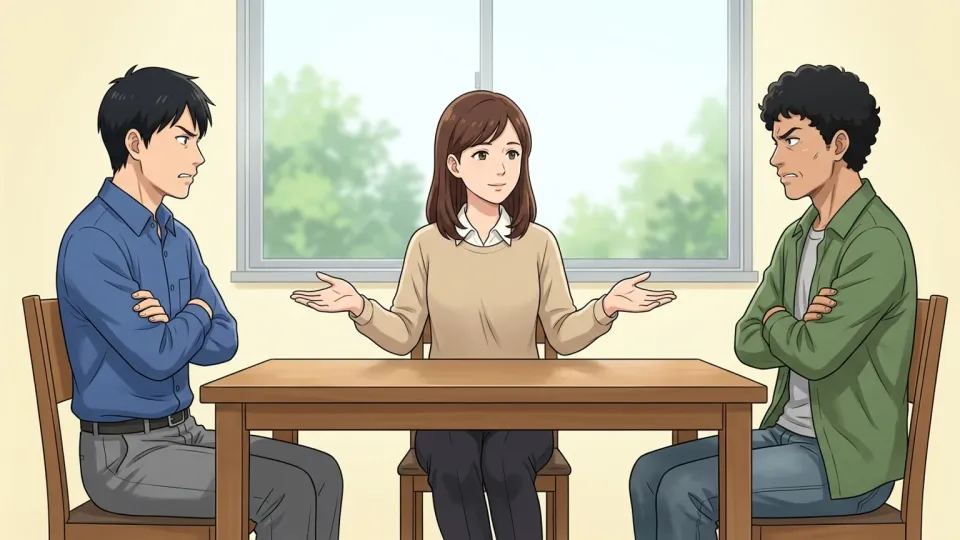 中立的な第三者を挟んで話し合う二人の人物