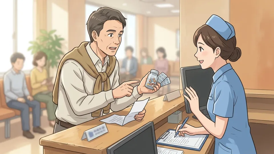 診察前の受付で、患者が看護師に現在服用中の薬の容器を見せながら説明している様子