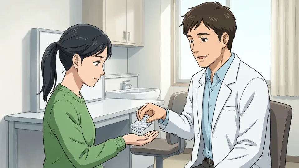 医師から薬の飲み方を教わる患者