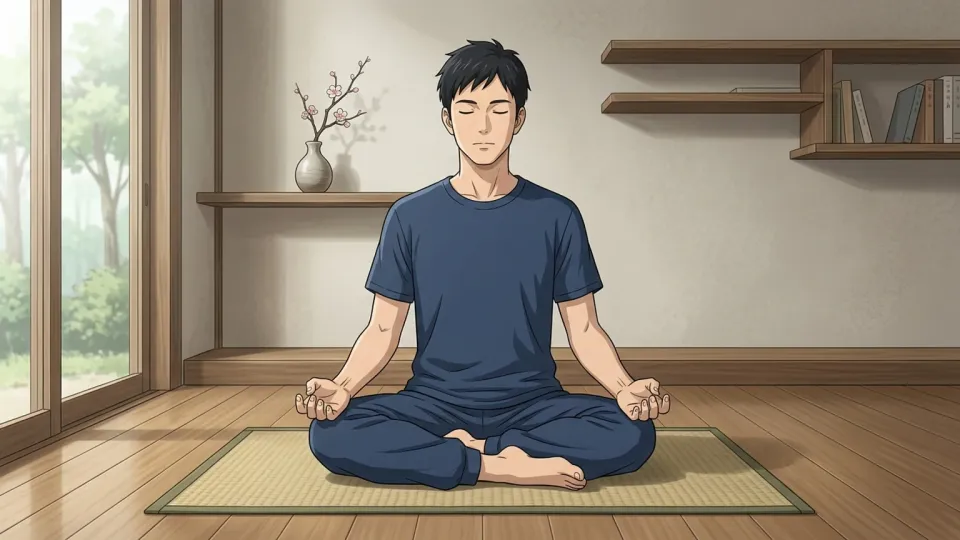 静かな部屋で目を閉じて瞑想する男性