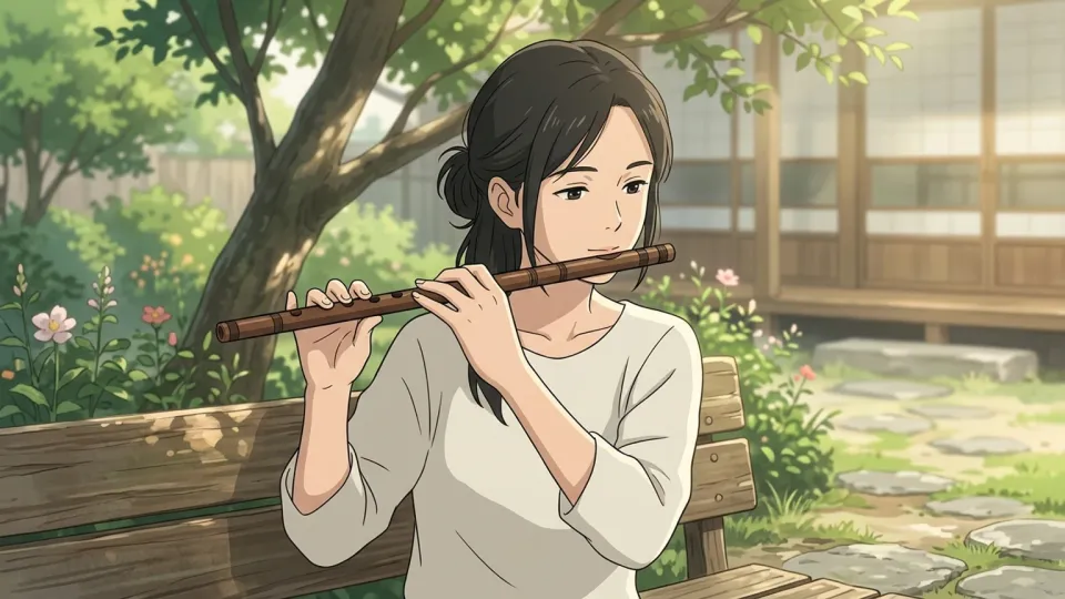 フルートを吹く女性の音楽的な一場面