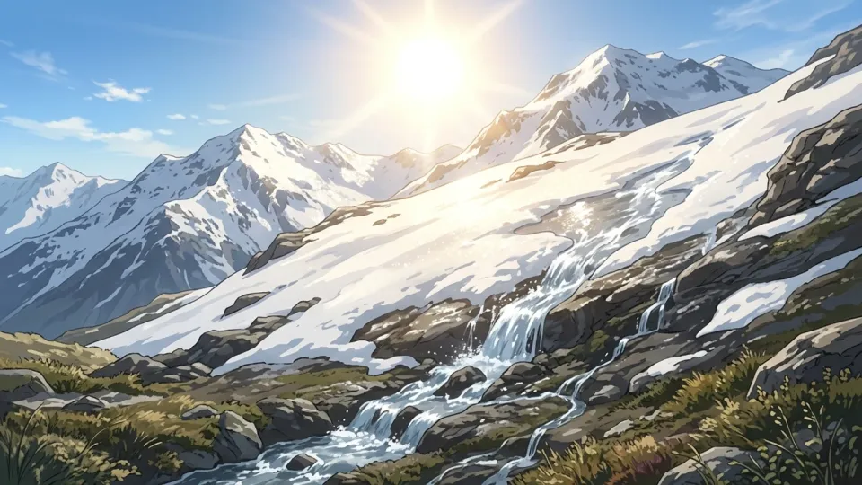 雪が太陽の熱で溶けている自然の風景