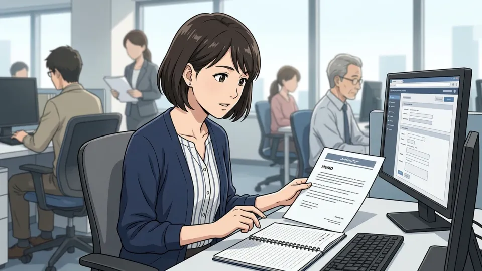 オフィスで、社員がパソコンに表示された人事部の連絡メモを読み、緊急連絡先の更新画面を開いている様子