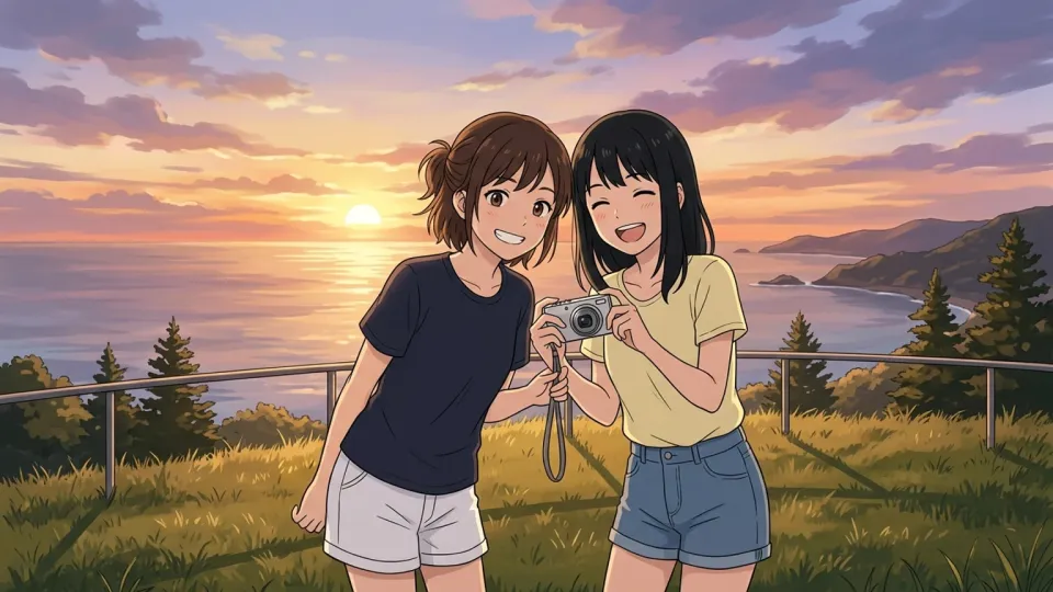 夕日を背景に笑顔で記念撮影をする人々