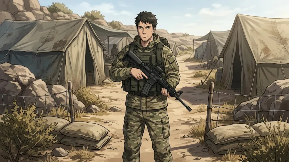 キャンプを見張る傭兵のイラスト