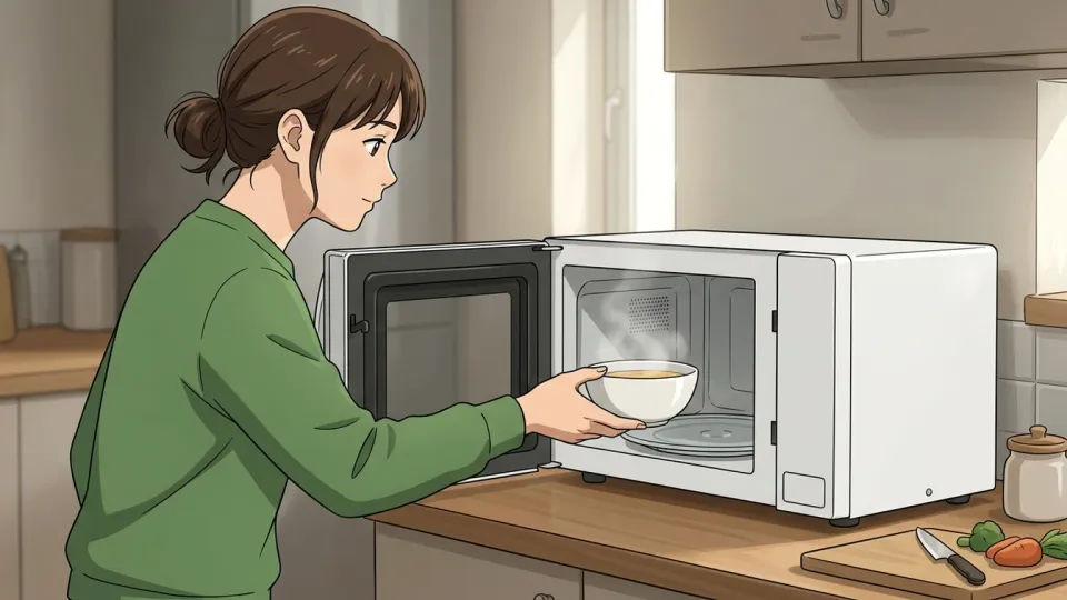 電子レンジでスープを温める女性