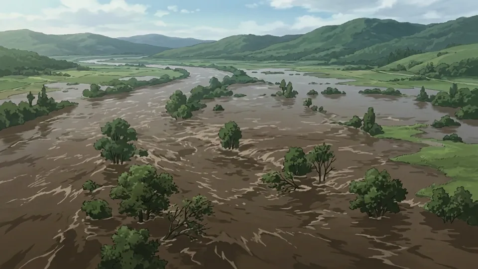 嵐の後に氾濫した強大な川の様子
