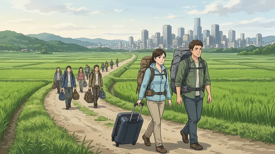 地方から都市へ移動する人々の様子