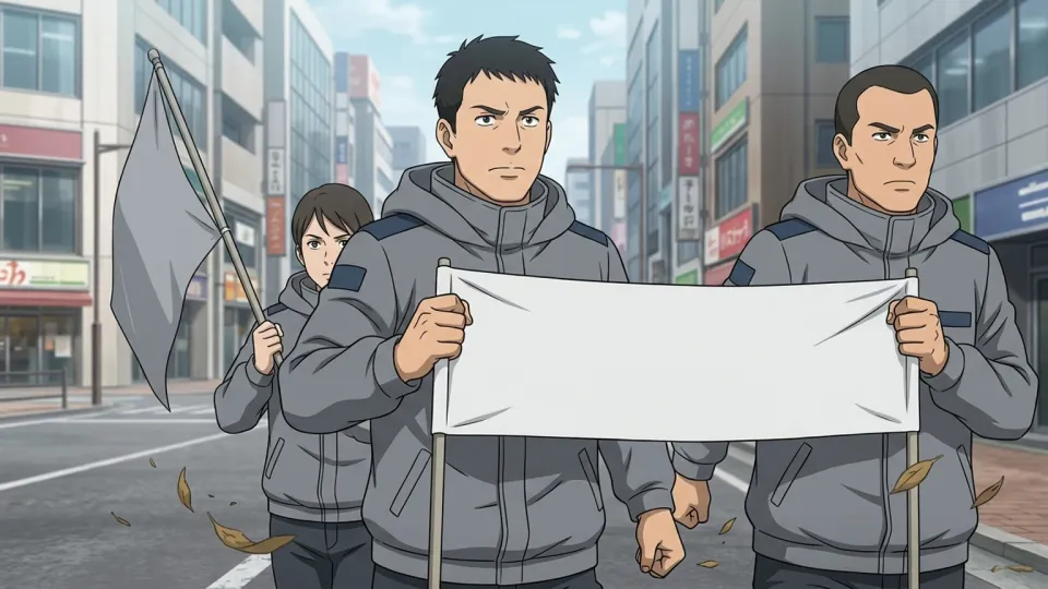 横断幕を掲げて行進する好戦的なグループの人々