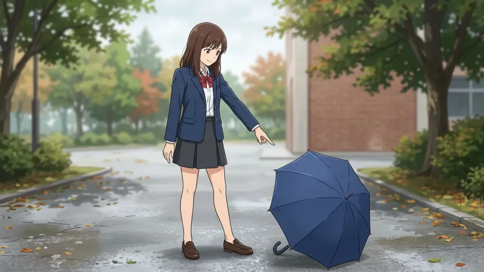 青い傘を指さして自分のものだと主張する人物