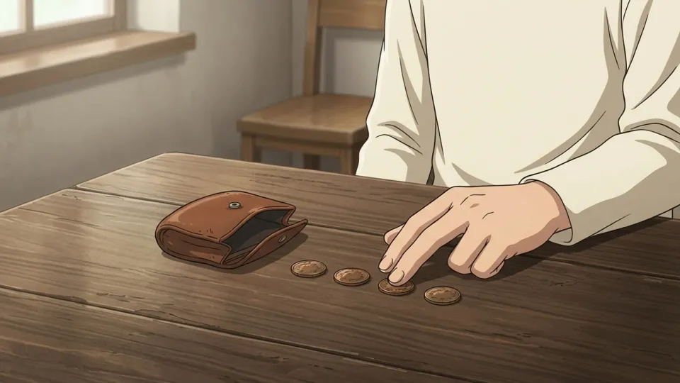 最小限の硬貨が置かれた財布のイラスト