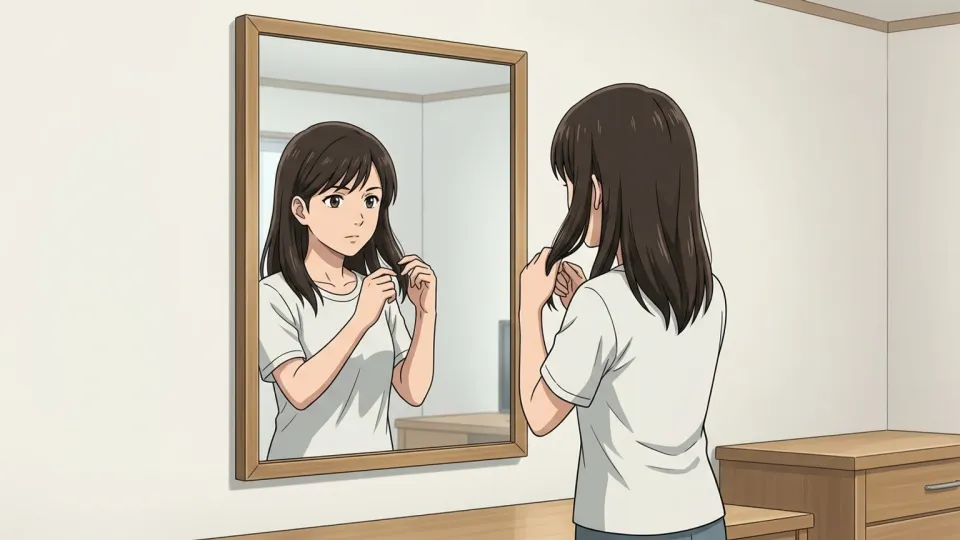鏡で髪型をチェックする女性。