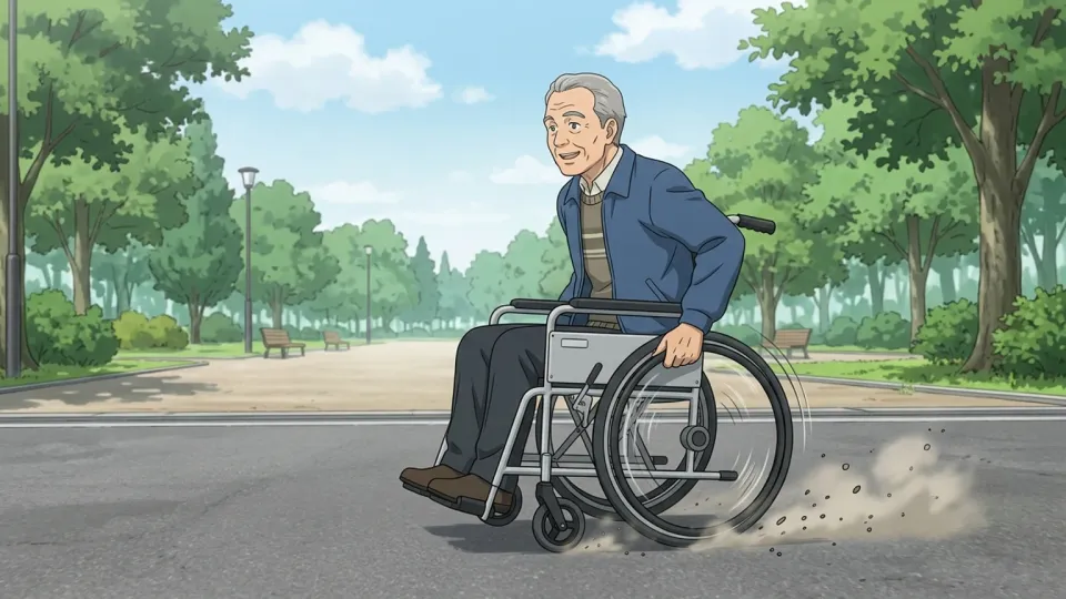 高齢者が新しい車椅子で移動する様子