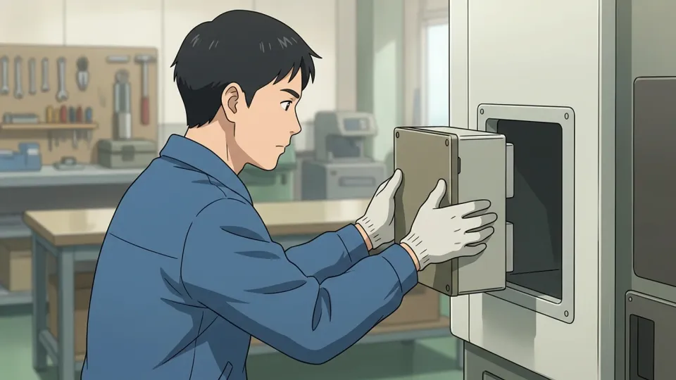 技術者が電子機器からモジュールを取り外しているイラスト