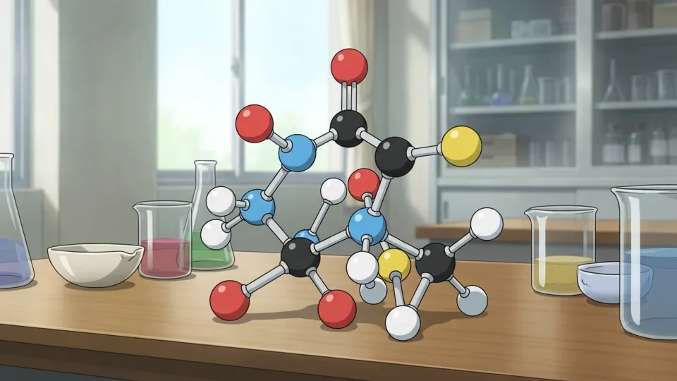 色とりどりの球と棒で組まれた分子模型が机の上に置かれている情景。