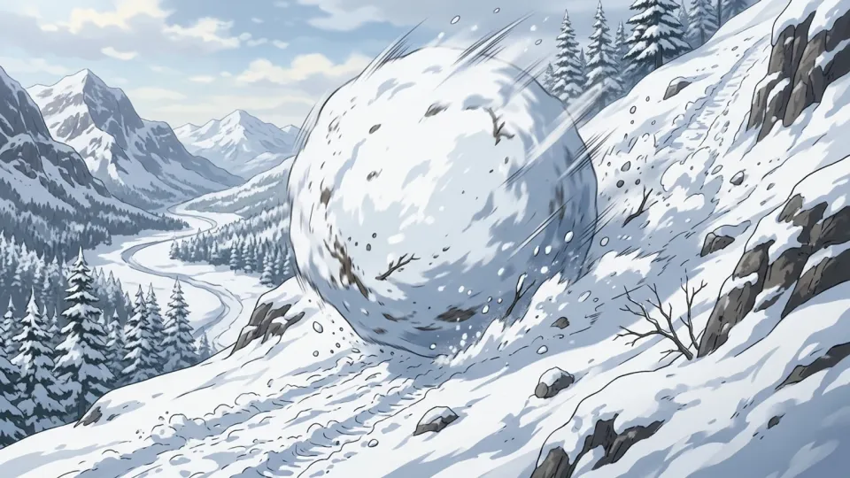 雪だるまが坂道を勢いよく転がり落ちている様子